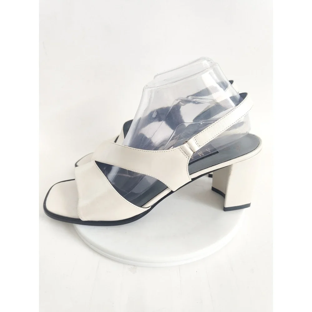 Amalfi Sandals 10 90s Slingback‎ Cream Leather Square Toe Block Heel Italy Vtg